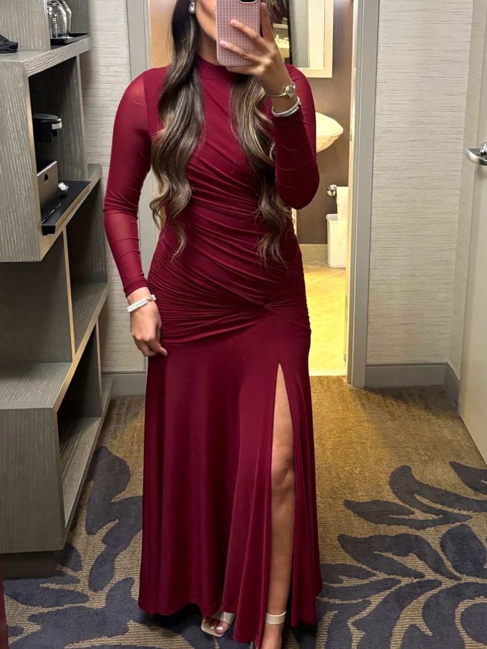 Bardot Liyana Ruched Mesh Dress in Berry